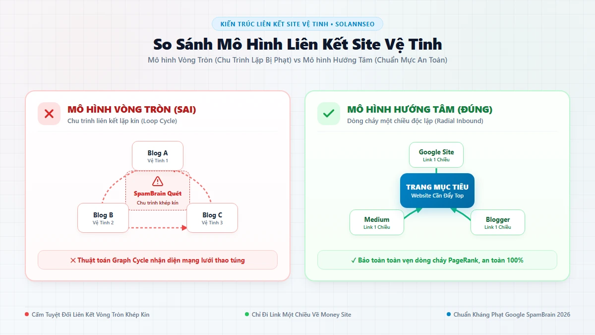 Sơ đồ so sánh cấu trúc liên kết site vệ tinh: mô hình vòng tròn dễ bị phạt vs mô hình hướng tâm an toàn