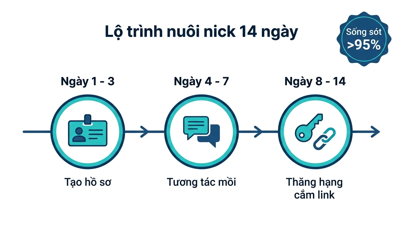 Sơ đồ lộ trình warm-up tài khoản diễn đàn 14 ngày Solannseo