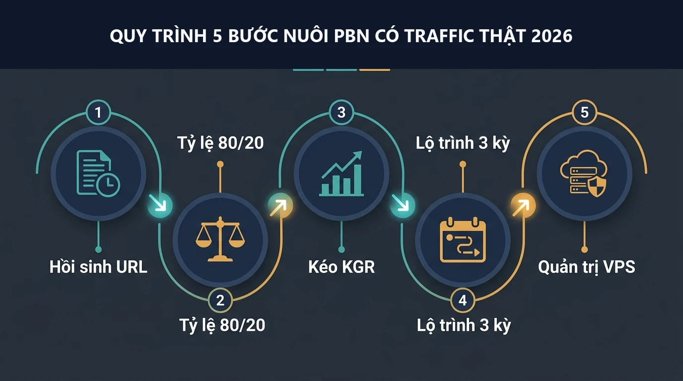 Sơ đồ quy trình 5 bước xây dựng nội dung và nuôi PBN có traffic thật 2026