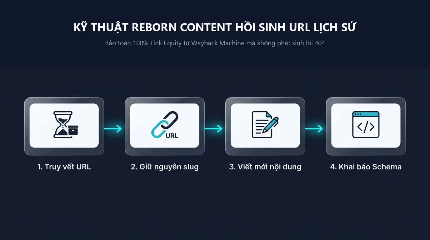 Sơ đồ quy trình 4 bước hồi sinh URL lịch sử bằng kỹ thuật Reborn Content qua Wayback Machine