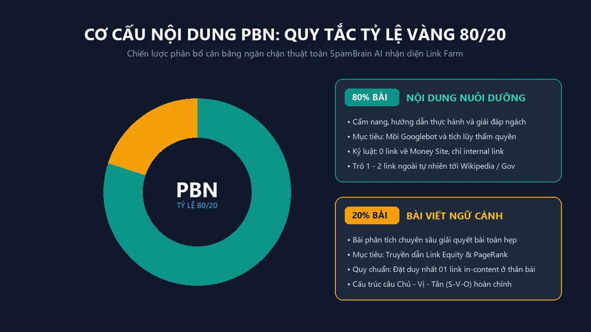 Biểu đồ phân bổ bài viết theo Quy Tắc Tỷ Lệ Vàng 80/20 giữa Nurturing Content và Contextual Money Content