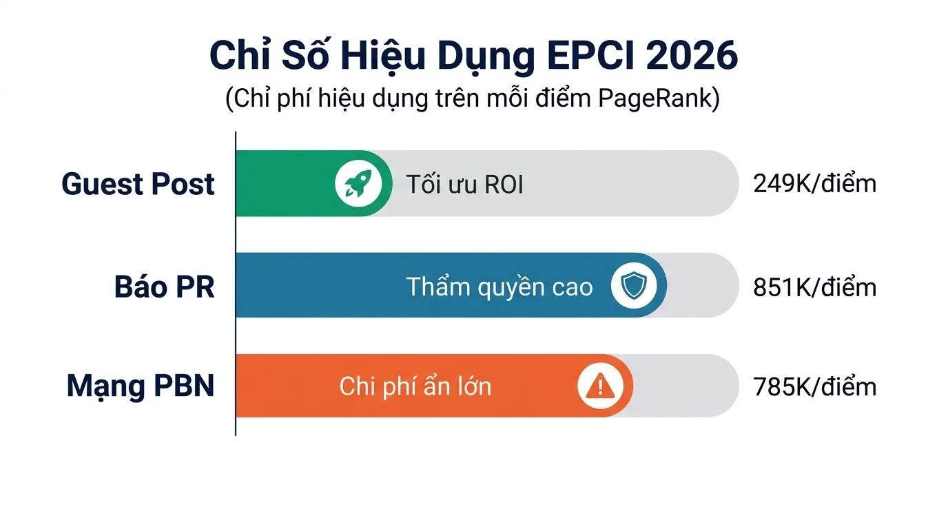 Biểu đồ so sánh chỉ số chi phí trên điểm PageRank hiệu dụng EPCI giữa 3 mô hình link building