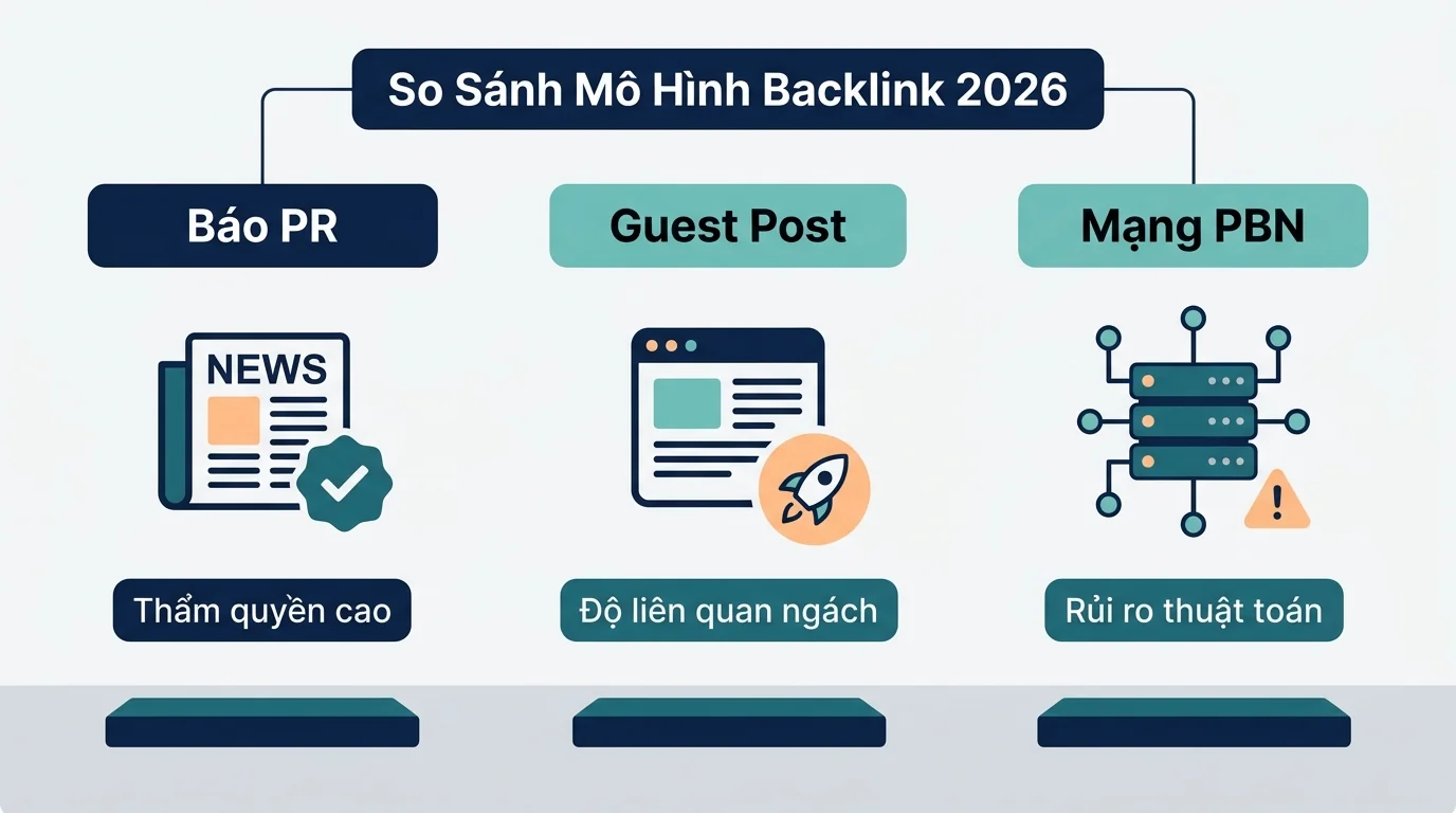 Bảng so sánh toàn diện giữa Guest Post, Backlink Báo PR và PBN năm 2026
