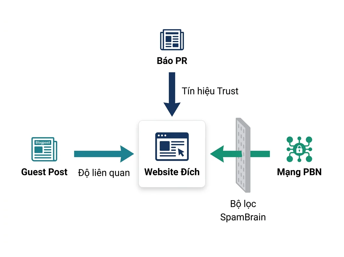 Sơ đồ phân luồng 3 dòng chảy tín hiệu liên kết Entity, Relevance và PageRank vào website đích