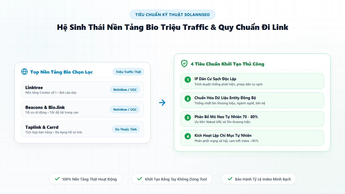 Hệ sinh thái nền tảng link-in-bio triệu traffic và 4 tiêu chuẩn khởi tạo thủ công tại Solannseo