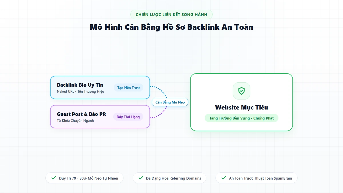 Sơ đồ cơ chế cân bằng hồ sơ liên kết an toàn giữa backlink bio và guest post báo chí