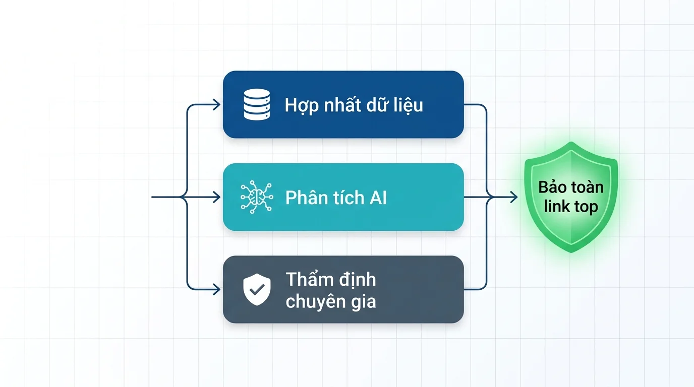 Sơ đồ thuật toán rà soát 3 lớp bóc tách backlink độc hại bảo toàn link top Solannseo